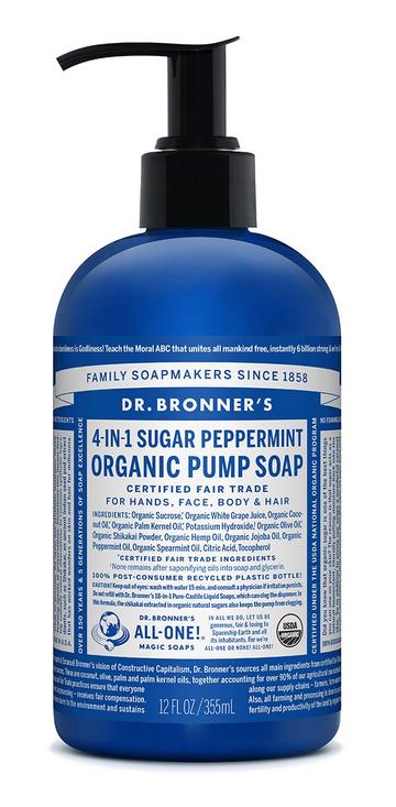 Dr Bronners 4 In 1 Sugar Organic Pump Soap Peppermint 355ml