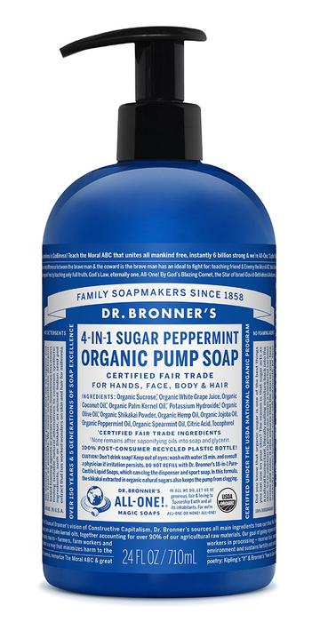 Dr Bronners 4 In 1 Sugar Organic Pump Soap Peppermint 710ml